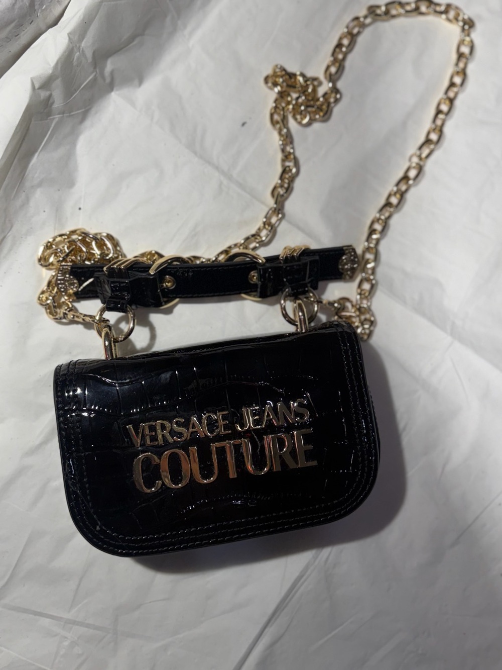 Versace Jeans Couture Black Croc Patent Mini Bag with Gold Chain